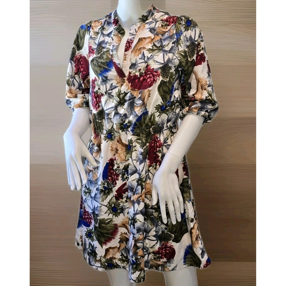 Yumi Women's Medium Dress‎ Floral Print Ruched Waist 1/2 Sleeve Lined US 6/8